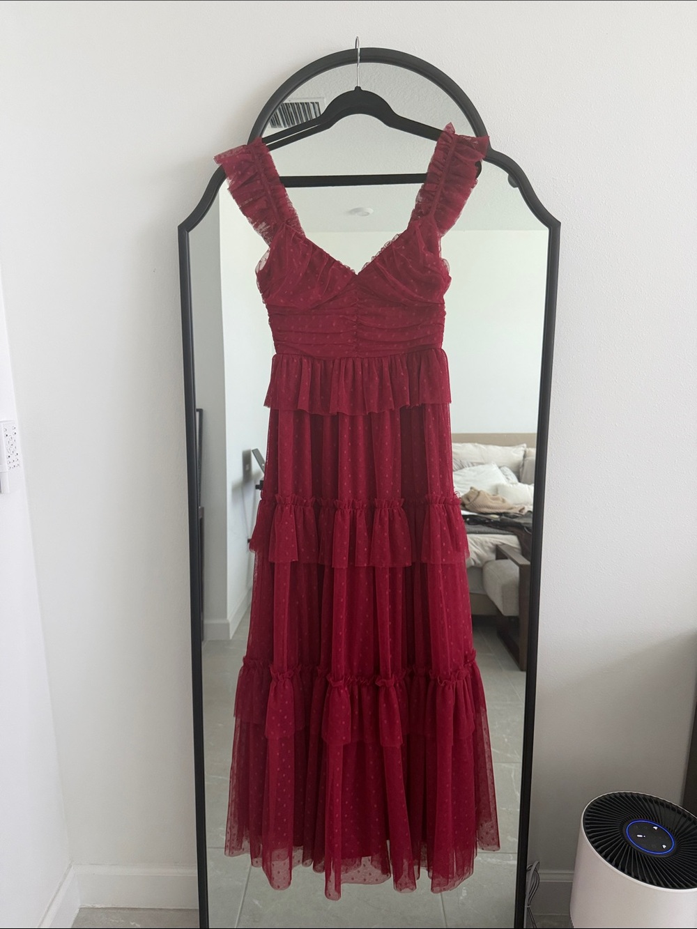 Flying Tomato Burgundy Ruffle Tulle Maxi Dress